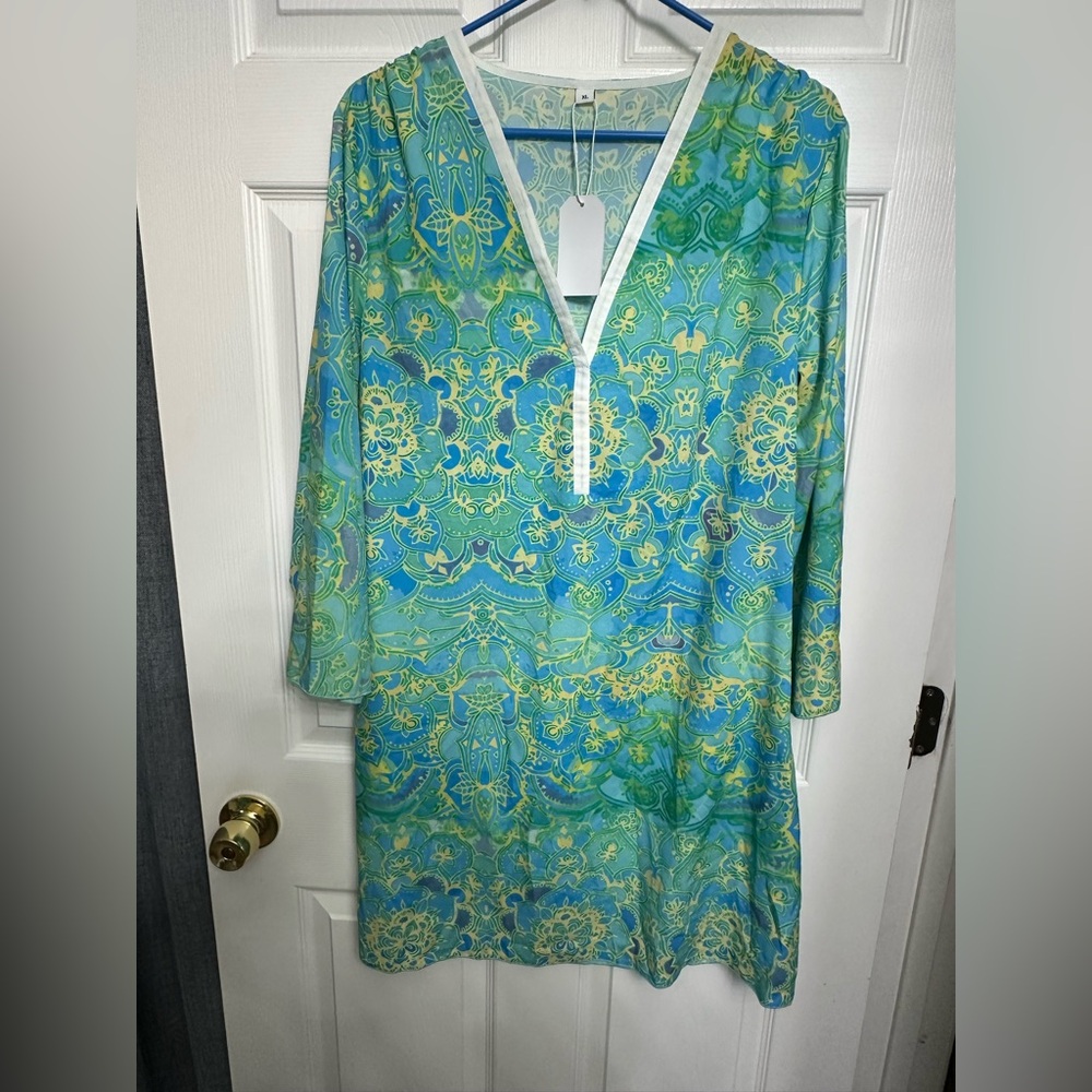 Vibrant Blue and Green Patterned Dress/coverup NWT